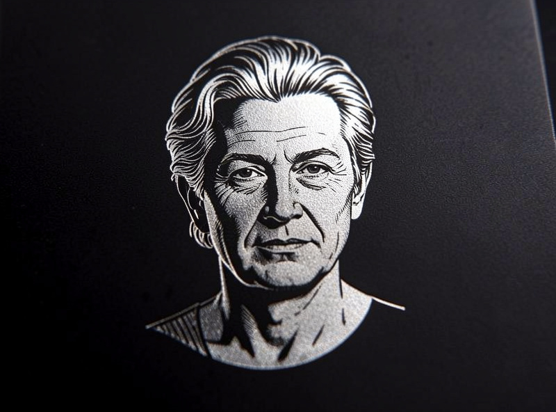 A portrait laser engraved into black anodized aluminum revealing bright silver detail beneath the dye