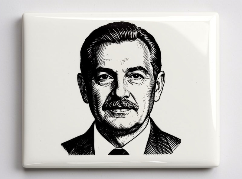 A jet-black portrait laser engraved onto a glossy white ceramic tile using a marking coating
