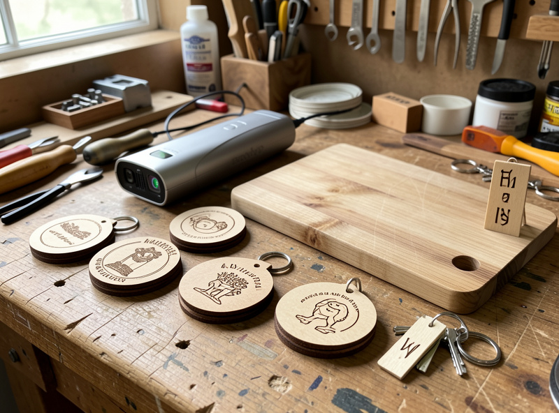 A spread of diode laser products including engraved wood coasters, leather keychains, cutting boards and small signs on a workbench