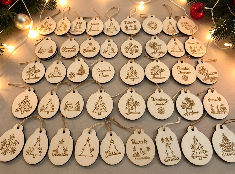 A batch of laser engraved wooden Christmas ornaments and wedding favour tags laid out for a seasonal production run