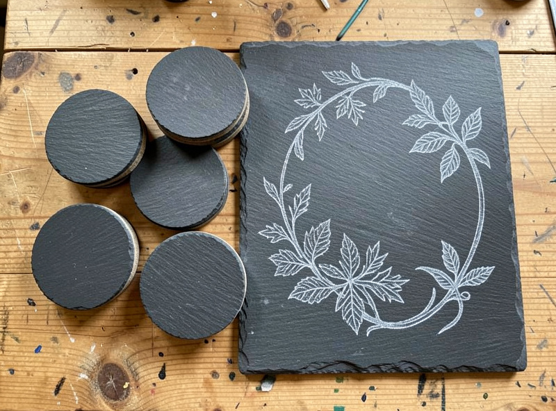 A selection of dark slate coasters and a cheese board engraved with frosted designs on a workbench