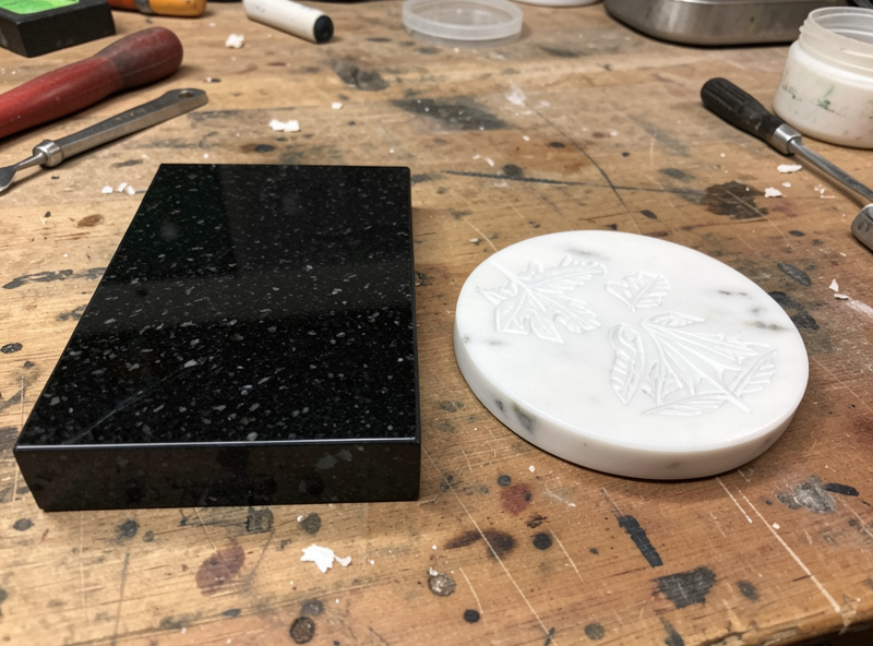 A polished black granite plaque and a white marble coaster engraved with designs side by side on a bench