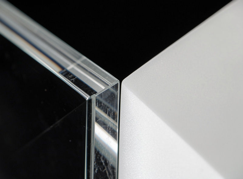Macro comparison of a polished glassy cast acrylic cut edge next to a hazy white extruded acrylic cut edge under raking light