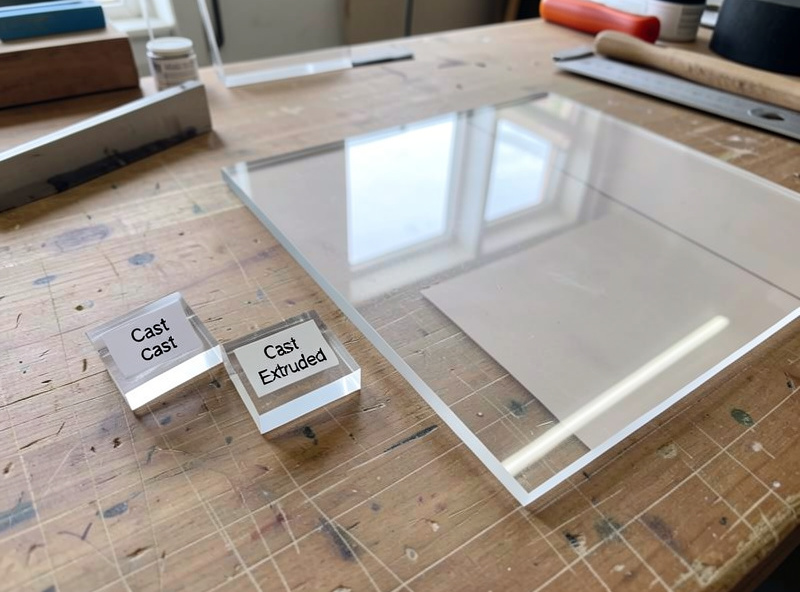 Two labelled acrylic offcuts on a workbench marked cast and extruded used as reference samples next to a sheet of unknown acrylic