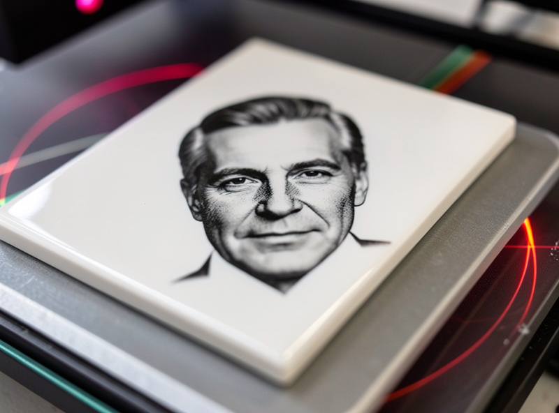 A white gloss ceramic tile on a laser bed with a black photographic portrait engraved into the surface