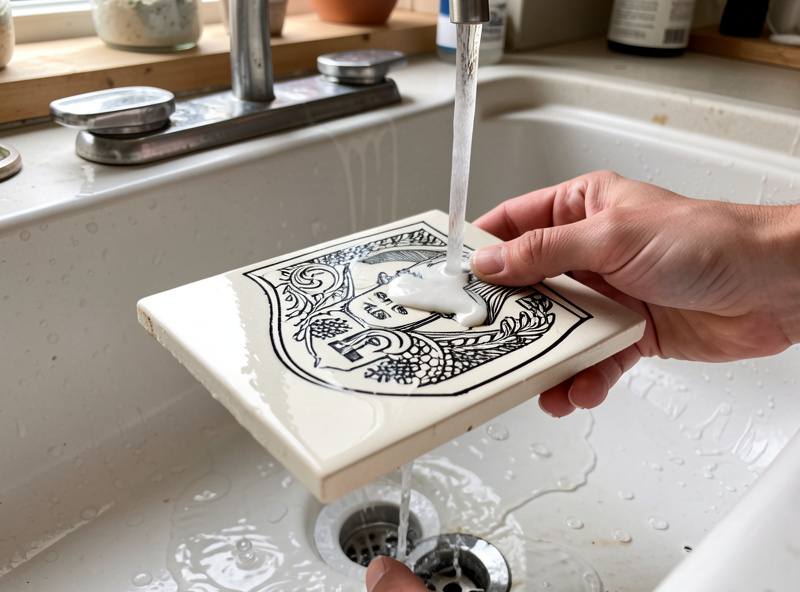 Hand washing unbonded marking coating off an engraved ceramic tile to reveal a crisp black image