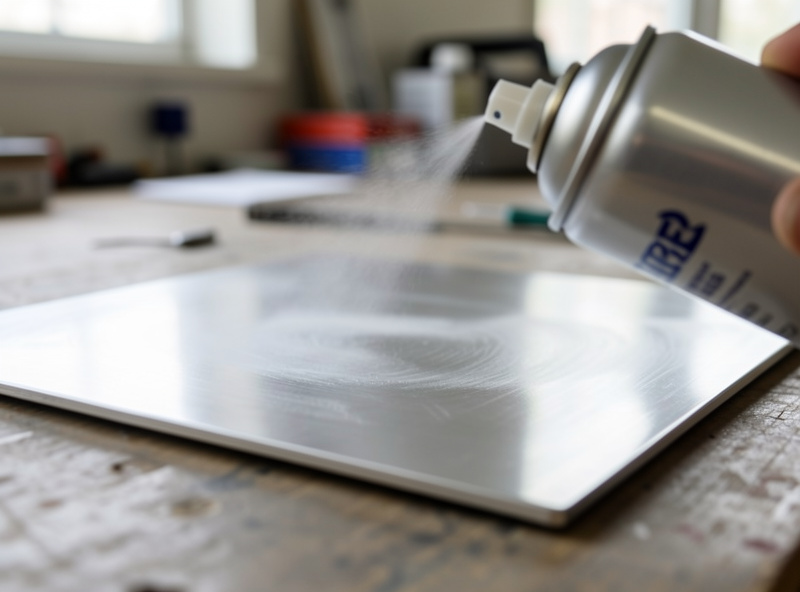 Aerosol can laying a thin even coat of metal-marking compound on a clean stainless steel plate