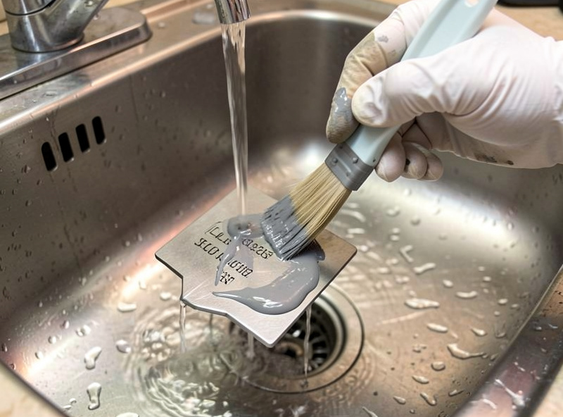 Gloved hand washing gray unfused residue off a freshly laser-marked metal tag under running water