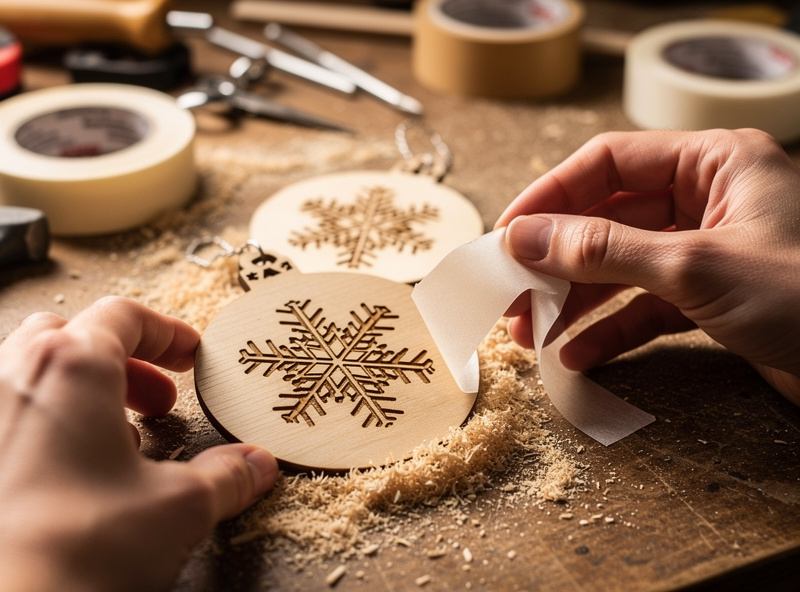 Peeling masking tape off freshly laser-engraved wooden ornaments revealing clean engraved designs