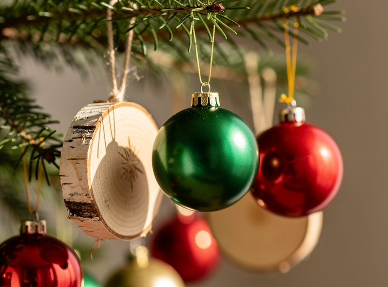 Finished wooden Christmas ornaments hanging on a tree branch, some raw wood and some paint-filled for contrast