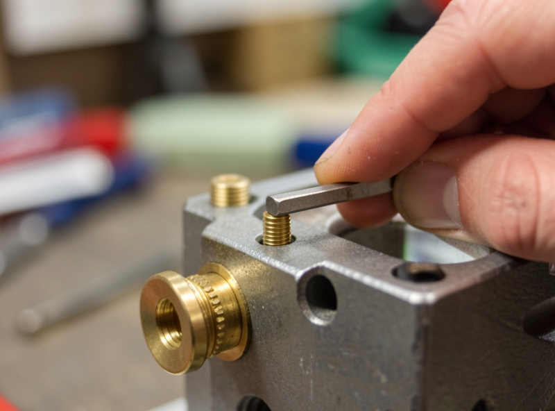 Hand adjusting the set screws on a CO2 laser mirror mount with a hex key