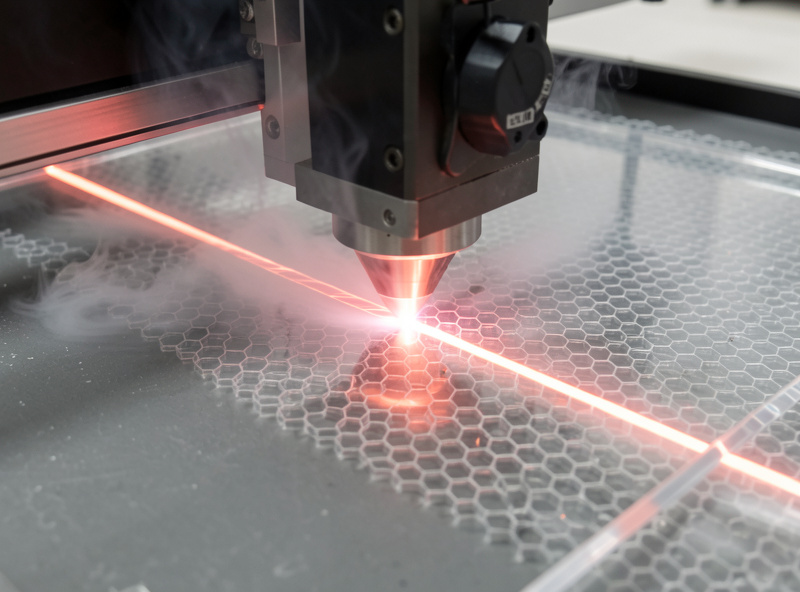 A CO2 laser making a full-penetration vector cut through a sheet of clear cast acrylic in a single slow pass with a glowing kerf line