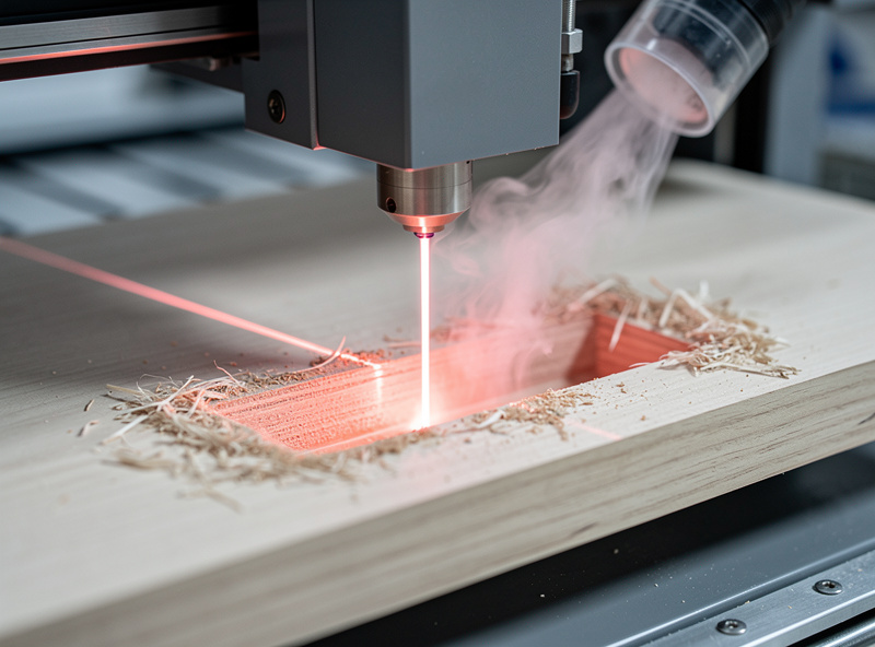 Laser engraving machine etching a wooden inlay cavity with red laser beam and smoke extraction