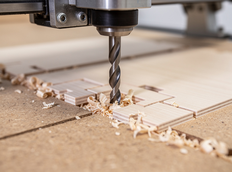 CNC router cutting thin maple veneer plug with down-cut spiral bit on spoilboard