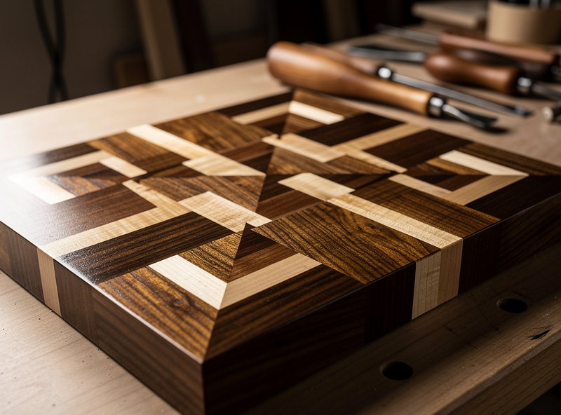 Finished walnut and maple inlay project with invisible seams and oil finish
