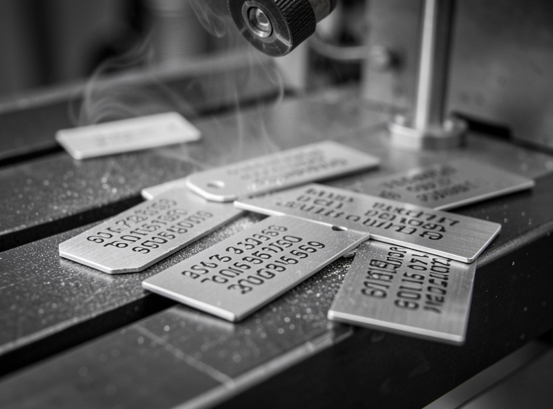 Freshly laser-marked stainless steel tags on a dark steel bench