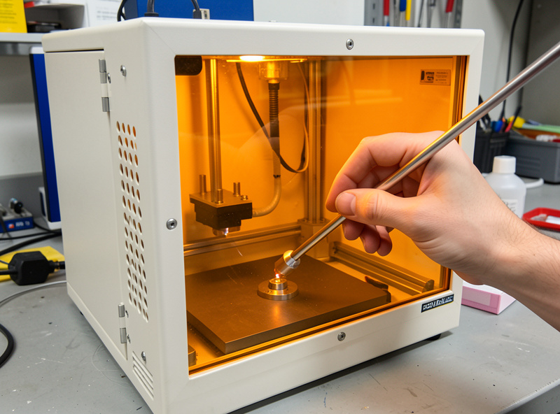 Hand setting Z focal distance on a galvo fiber laser with a focus stick inside an enclosure