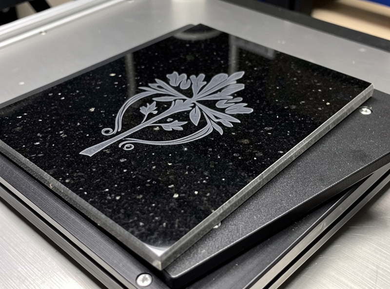 A polished black granite tile on a laser bed with a crisp frosted grey engraved memorial design