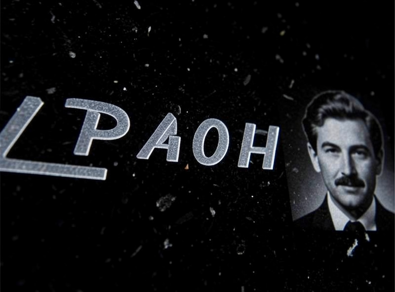 Close-up of frosted grey lettering and a portrait engraved on a polished black granite memorial plaque