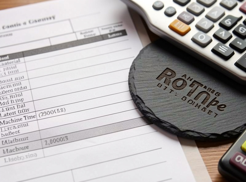 A costing worksheet next to a laser engraved slate coaster and calculator showing material, machine time, and labour columns