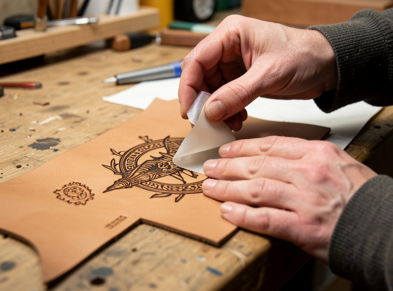 Hands masking and weeding a freshly engraved leather patch at a workshop bench, showing the labour stage of laser product production