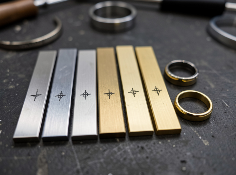 Jewelry metal sample bars and rings with small dark laser test marks on a workbench