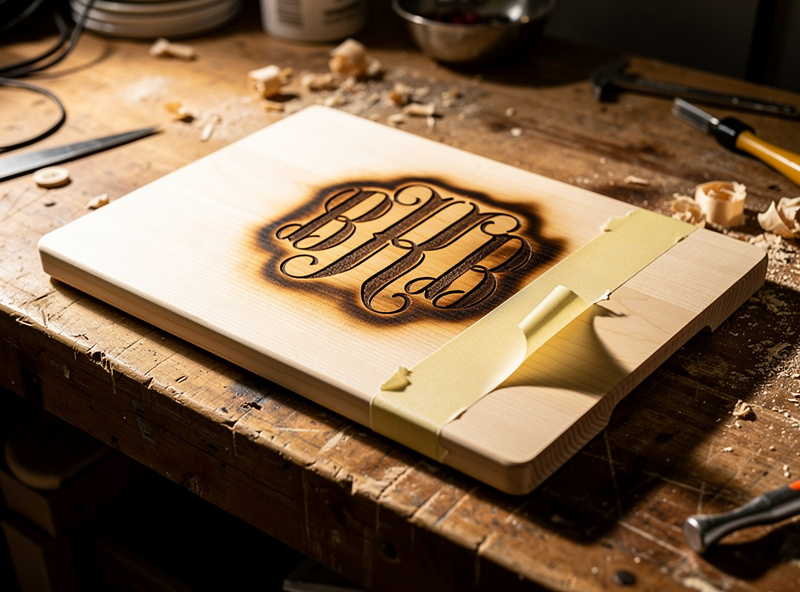 A hard maple cutting board with a freshly laser-engraved monogram design on a workshop bench