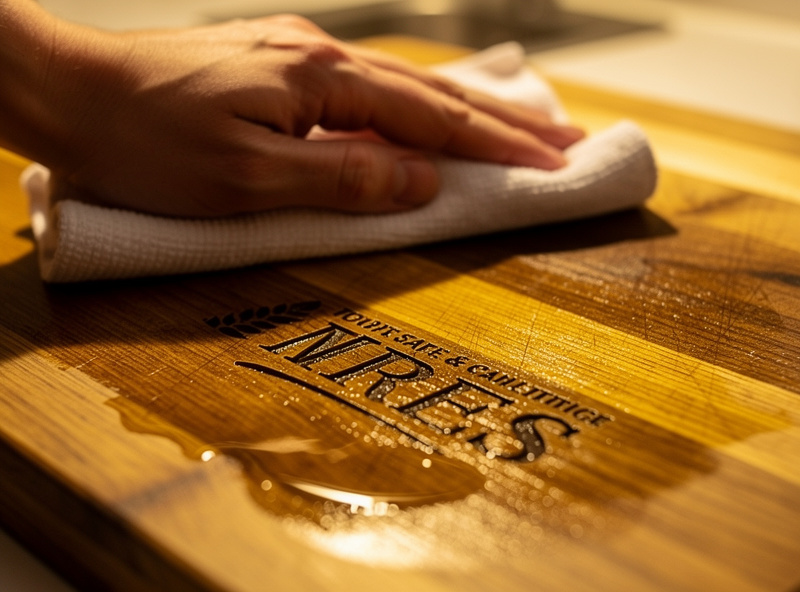 Hand applying food-safe board oil to a laser-engraved wooden cutting board with a cloth