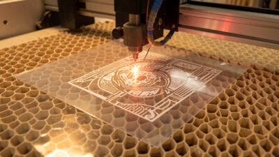 Laser cutting a detailed stencil pattern into a thin mylar sheet on the honeycomb bed