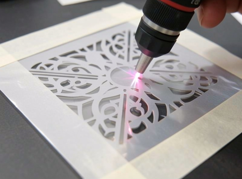 Laser cutting a detailed stencil pattern into a thin mylar sheet held flat on the honeycomb bed