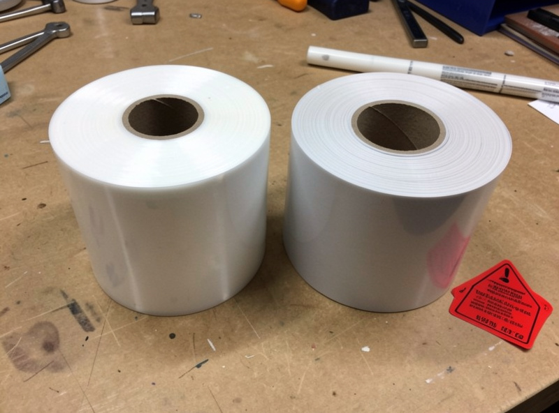 A roll of clear PET mylar film labeled polyester next to a roll of PVC vinyl with a warning marker