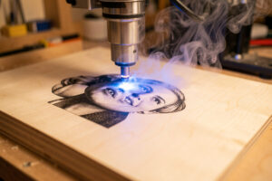 Diode laser engraving a black-and-white portrait into a pale maple board
