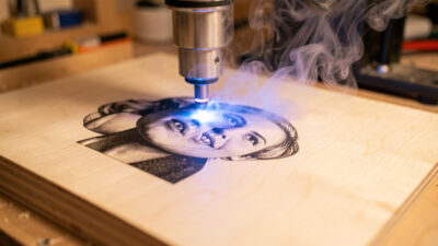 Diode laser engraving a black-and-white portrait into a pale maple board