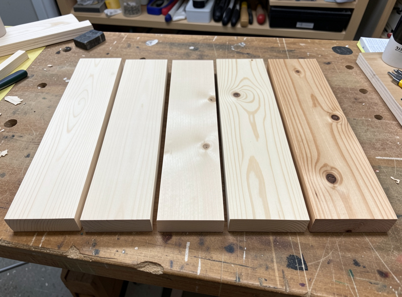 A row of pale wood blanks for laser engraving: maple, basswood, birch plywood and alder