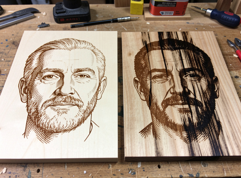 Two laser-engraved wood portraits compared, one on clean maple and one where dark grain streaks cut across the face