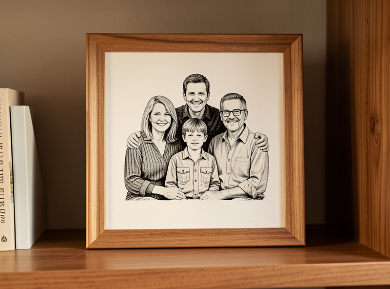 A finished framed laser-engraved family portrait on warm-toned wood displayed on a shelf