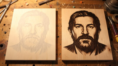 A faint washed-out laser-engraved wood portrait beside a crisp dark corrected one
