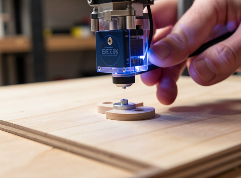 A hand setting focus on a diode laser engraver using a focus tool spacer above a wood board