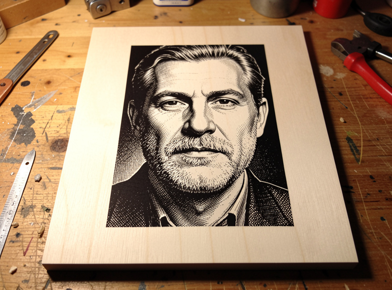 A crisp corrected high-contrast laser-engraved portrait on pale wood with deep shadows and clean highlights
