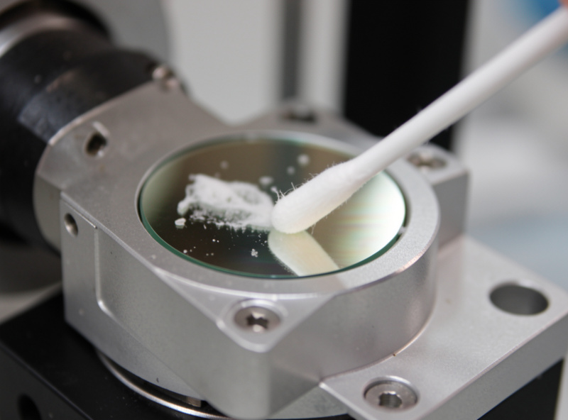 Close-up of a hand wiping a CO2 laser mirror with a cotton swab and solvent