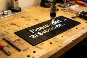 Desktop fiber laser marking black anodized aluminum tags with bright silver text