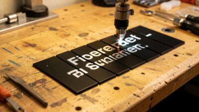 Desktop fiber laser marking black anodized aluminum tags with bright silver text