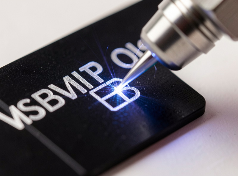 Fiber laser marking a black anodized aluminum tag, bright silver text appearing where the dye is removed