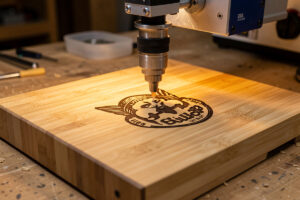 Diode laser engraving a dark design into a bamboo cutting board on the workshop bench