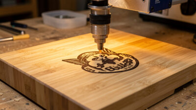 Diode laser engraving a dark design into a bamboo cutting board on the workshop bench