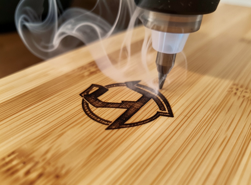 Diode laser engraving a dark crisp logo into a bamboo cutting board with air assist running