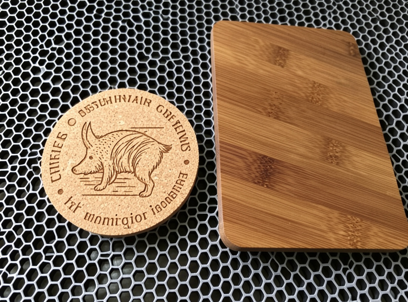 Lightly toned engraved cork coaster next to a darker engraved bamboo board on the laser bed