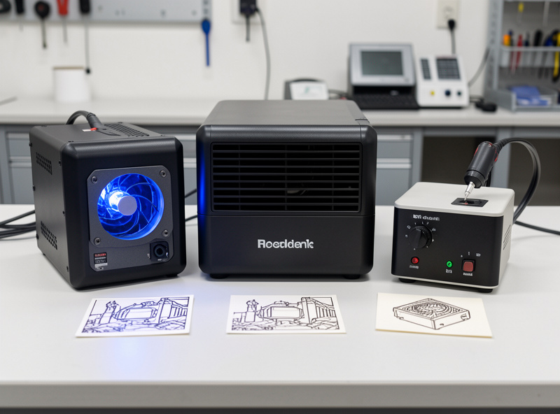 Diode, CO2, and fiber laser machines side by side on a workshop bench with finished engraved products