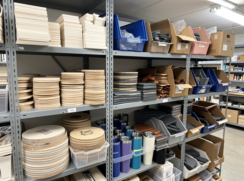 Shelves of wholesale laser engraving blanks including wood coasters, slate, leather patches, and tumblers organized by material