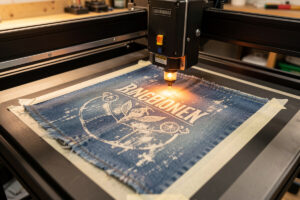 Diode laser engraving a faded distressed design into denim taped flat on the bed